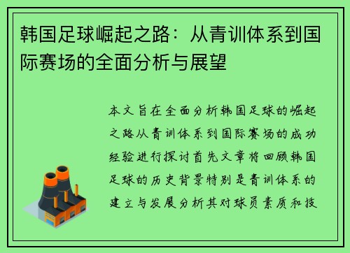 韩国足球崛起之路：从青训体系到国际赛场的全面分析与展望