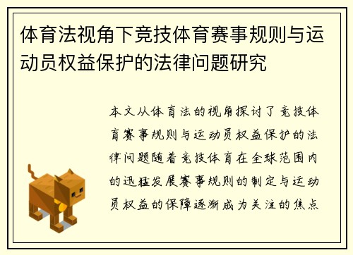 体育法视角下竞技体育赛事规则与运动员权益保护的法律问题研究