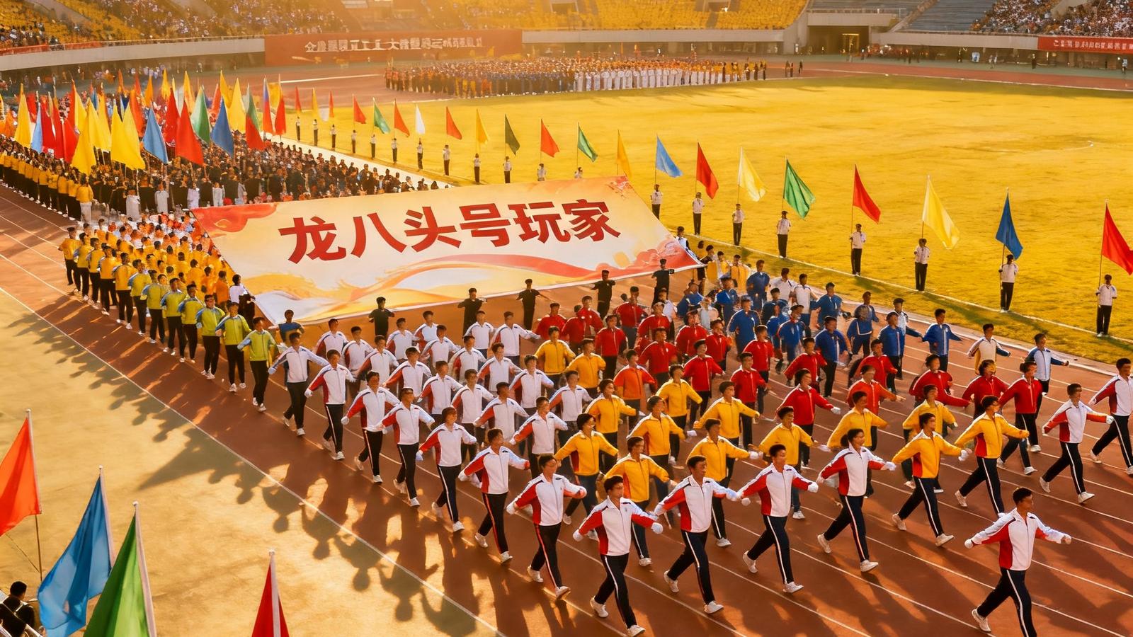 龙八头号玩家策划执行的企业员工大型体育运动会开幕式场景，数百名员工身着统一运动服在体育场中组成方阵，彩旗飘扬，气氛热烈昂扬。