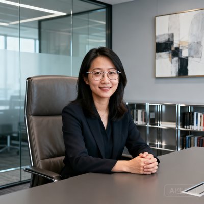 某知名科技公司人力资源总监李女士的职业肖像照，她戴着细框眼镜，神情专业而亲和，背景是现代化办公环境。
