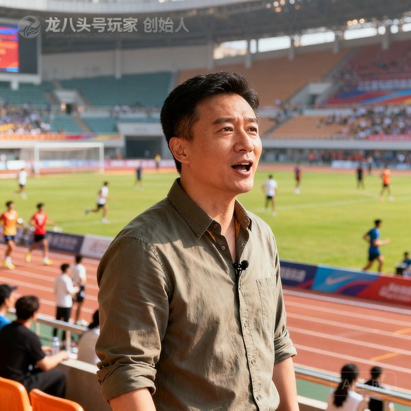 龙八头号玩家创始人兼CEO张启明先生近照，他曾在国家体育总局任职8年，身穿休闲衬衫，站在一场企业运动会的场边，神情专注而充满热情。