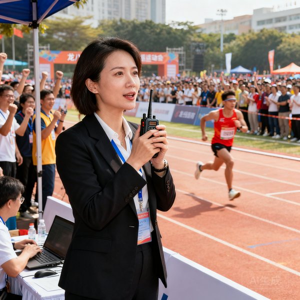 龙八头号玩家运营总监陈雅文女士的工作照，她正在活动现场使用对讲机协调调度，身后是热闹的企业运动会场景，展现出高效的现场管理能力。