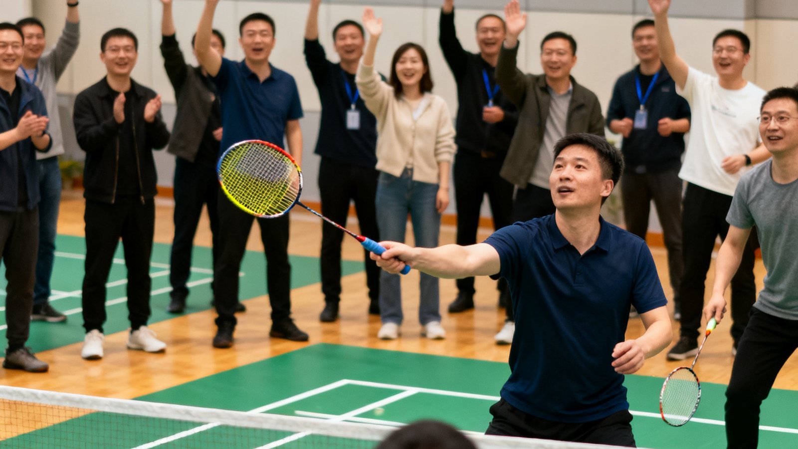 企业基层部门自主组织的小型羽毛球友谊赛现场，员工们在公司羽毛球场上挥拍对战，场边同事热情加油，氛围轻松而充满活力。